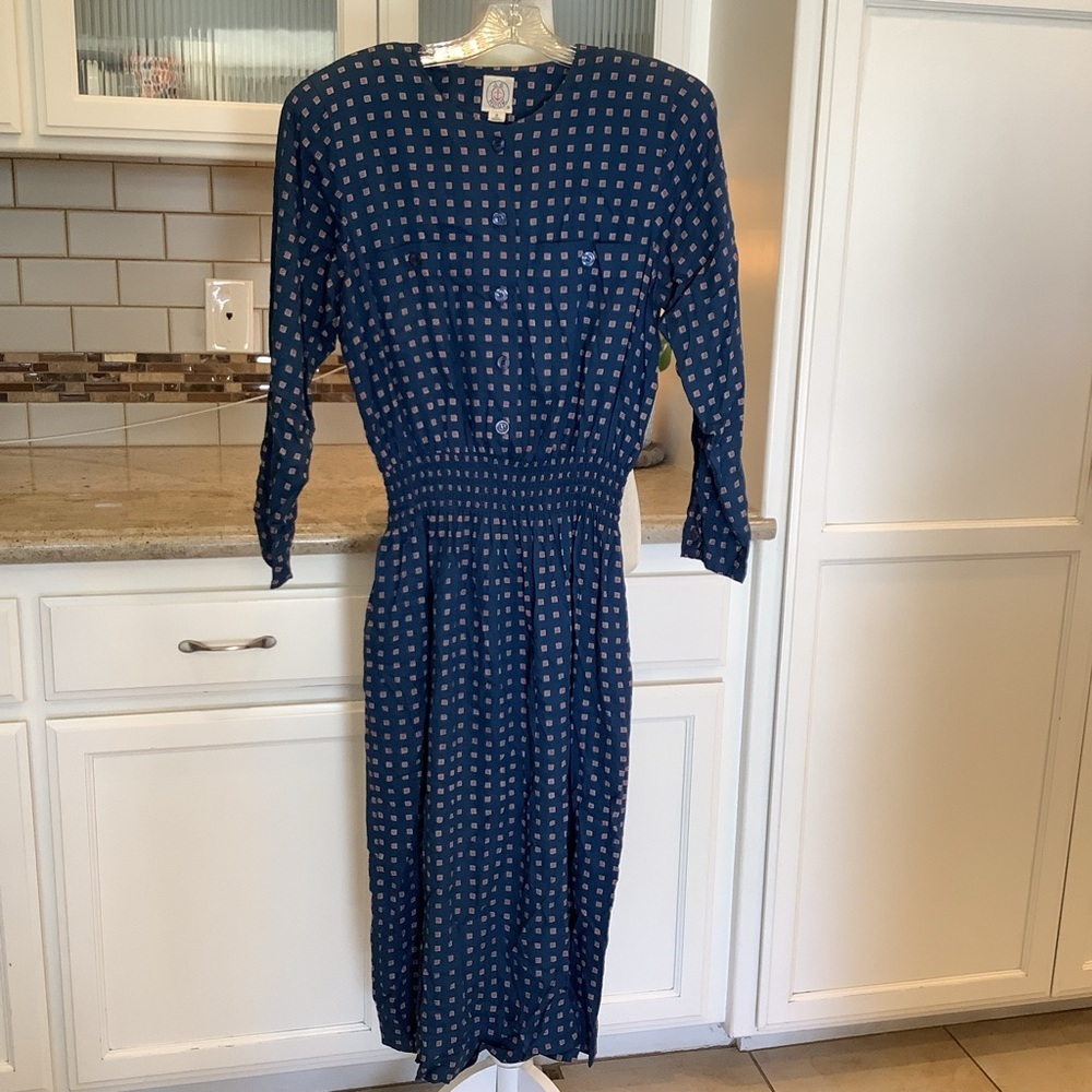 Vintage J.G. Hook Blue Patterned Dress Size 8 Midi Length 70’s
